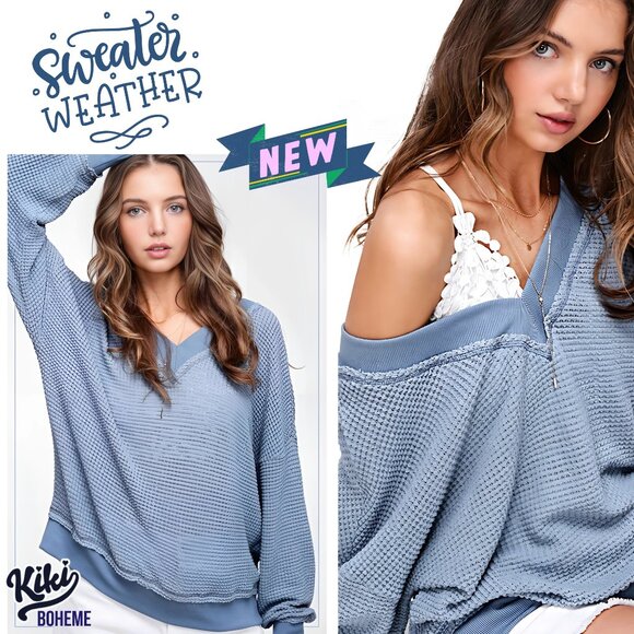 The Willow Waffle Knit Weekend Style V-Neck Sweater Top - Boho Fall Fashion Pick - Picture 1 of 8
